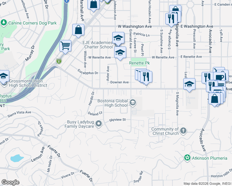 map of restaurants, bars, coffee shops, grocery stores, and more near 744 Laguna Avenue in El Cajon