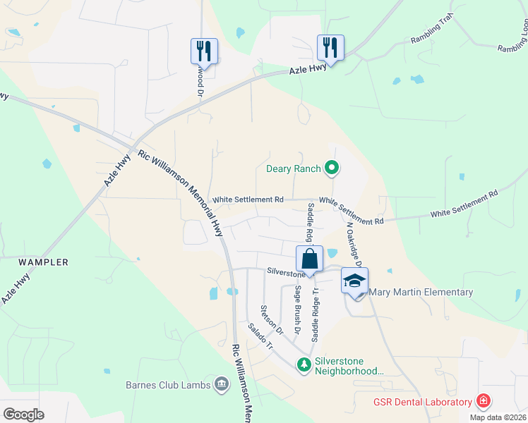 map of restaurants, bars, coffee shops, grocery stores, and more near 1604 Slow Elk Court in Weatherford