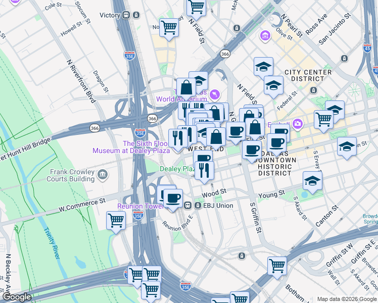 map of restaurants, bars, coffee shops, grocery stores, and more near 501 Elm Street in Dallas