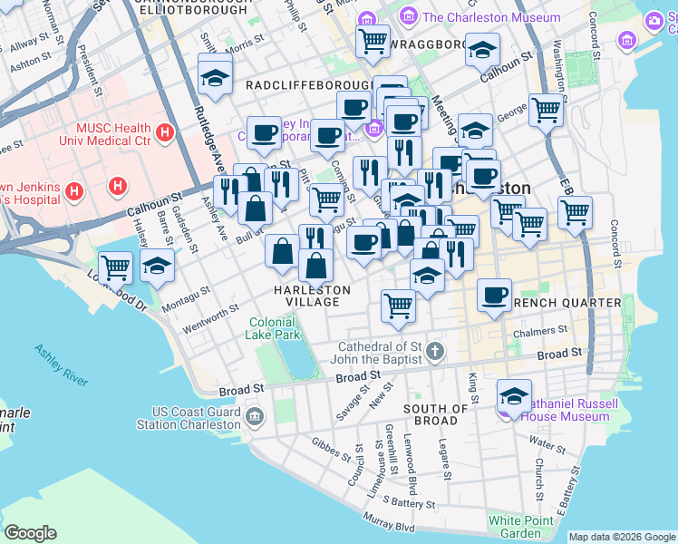 map of restaurants, bars, coffee shops, grocery stores, and more near 7 Pitt Street in Charleston