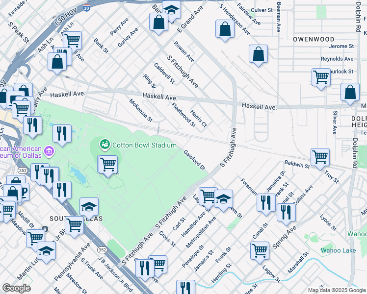 map of restaurants, bars, coffee shops, grocery stores, and more near 7301 Pennsylvania Avenue in Dallas