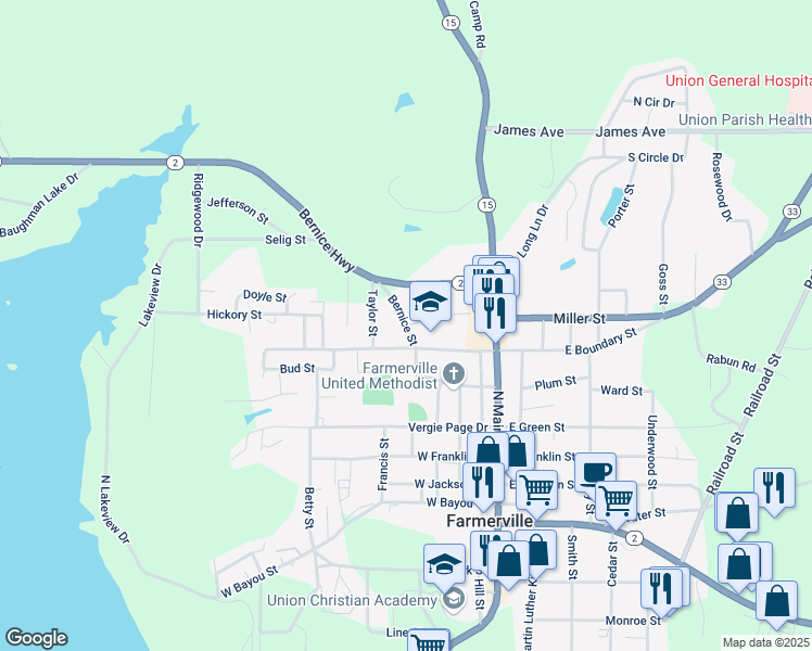 map of restaurants, bars, coffee shops, grocery stores, and more near 606 Bernice Street in Farmerville