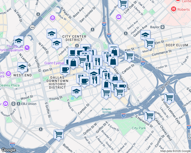 map of restaurants, bars, coffee shops, grocery stores, and more near 301 South Harwood Street in Dallas