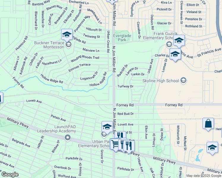 map of restaurants, bars, coffee shops, grocery stores, and more near 4726 Coyote Trail in Dallas