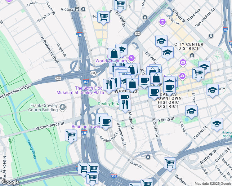 map of restaurants, bars, coffee shops, grocery stores, and more near 501 Elm Street in Dallas