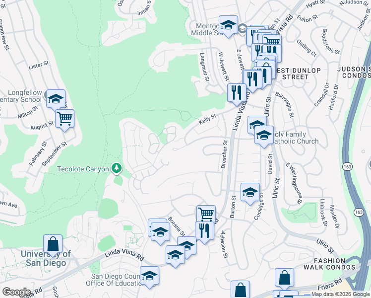 map of restaurants, bars, coffee shops, grocery stores, and more near 6545 Tait Street in San Diego