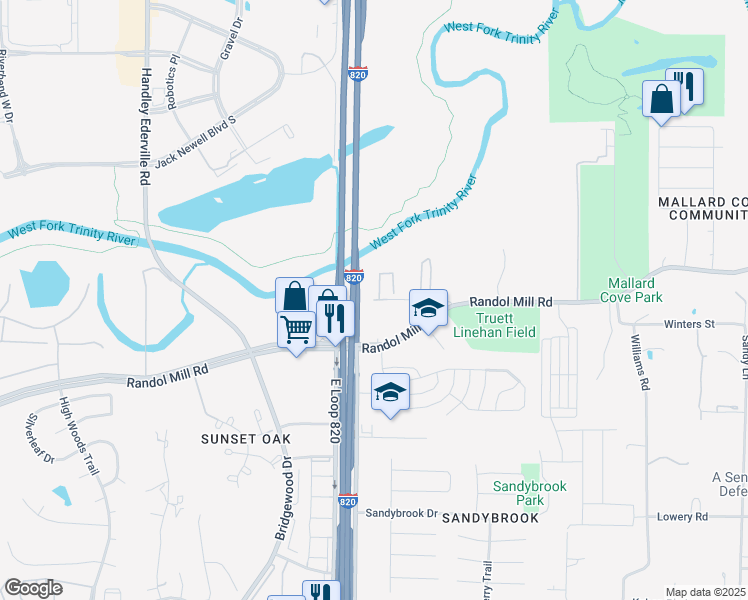 map of restaurants, bars, coffee shops, grocery stores, and more near 8925 Old Randol Mill Road in Fort Worth