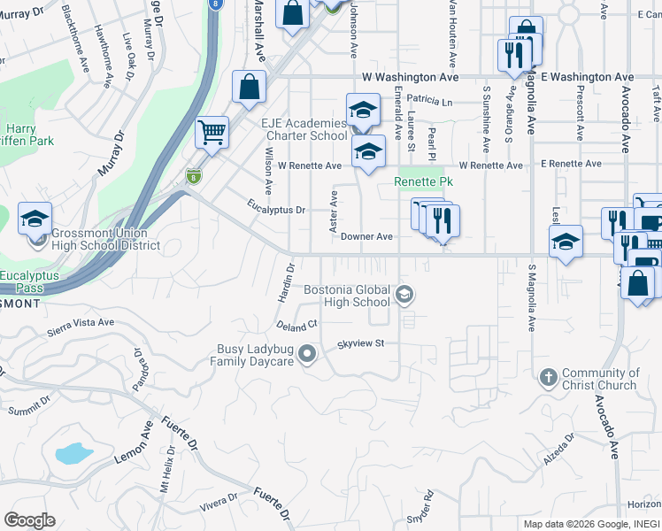 map of restaurants, bars, coffee shops, grocery stores, and more near 1116 Anita Lee Lane in El Cajon