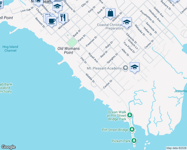 map of restaurants, bars, coffee shops, grocery stores, and more near 208 Middle Street in Mount Pleasant