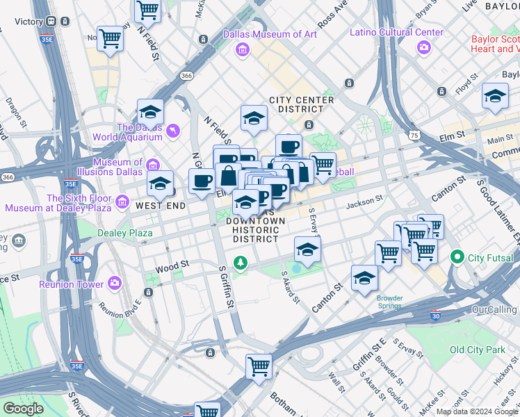 map of restaurants, bars, coffee shops, grocery stores, and more near in Dallas