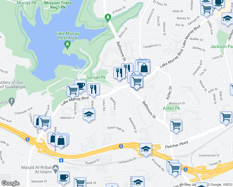 map of restaurants, bars, coffee shops, grocery stores, and more near 5555 Lake Murray Boulevard in La Mesa