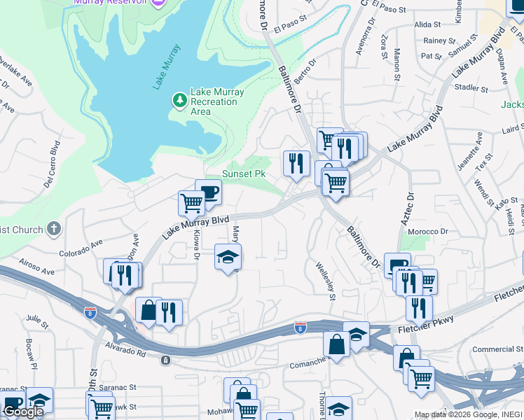 map of restaurants, bars, coffee shops, grocery stores, and more near in La Mesa