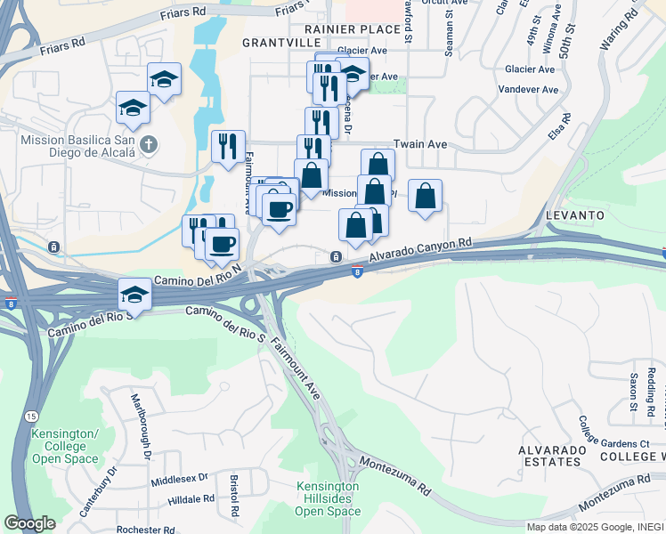 map of restaurants, bars, coffee shops, grocery stores, and more near 4728-4772 Alvarado Canyon Road in San Diego