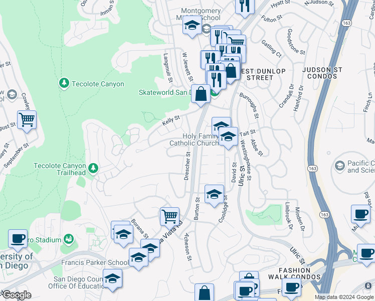 map of restaurants, bars, coffee shops, grocery stores, and more near 6749 South Elman Street in San Diego