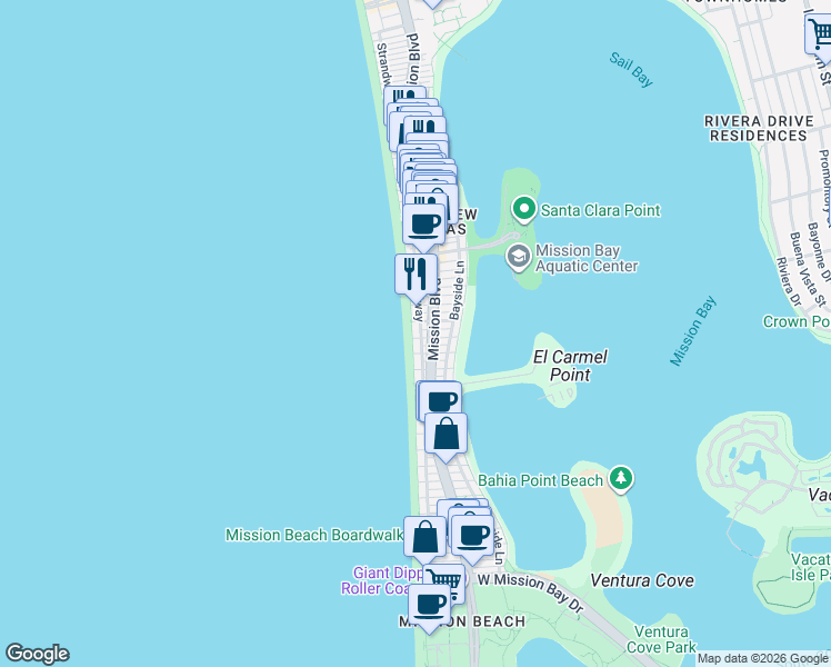 map of restaurants, bars, coffee shops, grocery stores, and more near 3561 Ocean Front Walk in San Diego