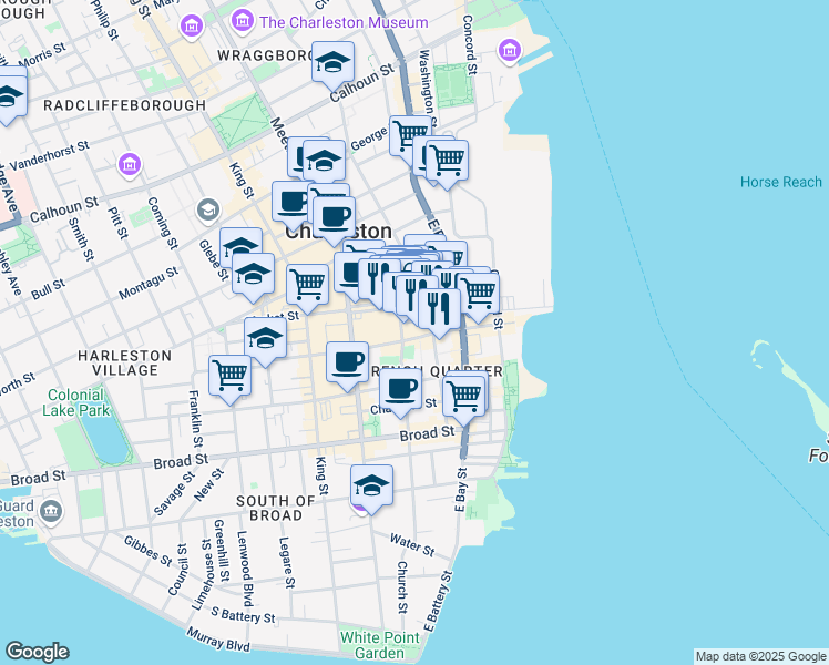 map of restaurants, bars, coffee shops, grocery stores, and more near 154 Church Street in Charleston