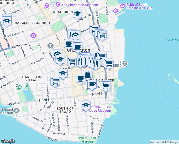 map of restaurants, bars, coffee shops, grocery stores, and more near in Charleston