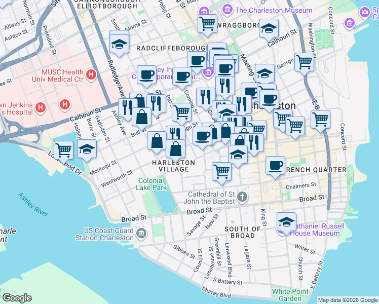 map of restaurants, bars, coffee shops, grocery stores, and more near 94 Beaufain Street in Charleston