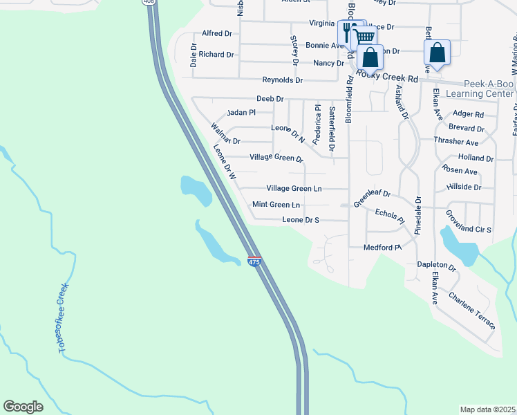 map of restaurants, bars, coffee shops, grocery stores, and more near 5982 Leone Drive West in Macon