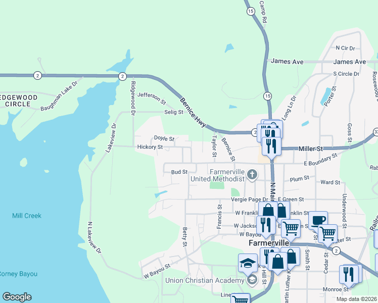map of restaurants, bars, coffee shops, grocery stores, and more near 600-610 East U Drive in Farmerville