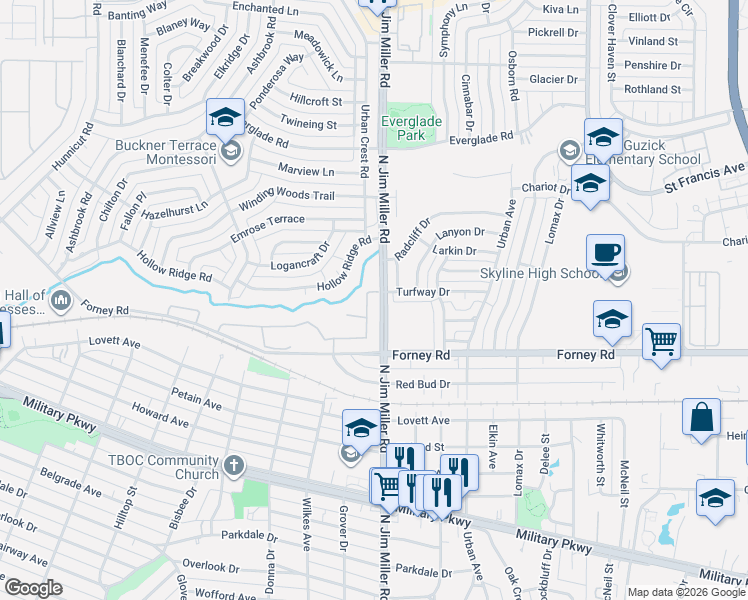 map of restaurants, bars, coffee shops, grocery stores, and more near 4726 Coyote Trail in Dallas