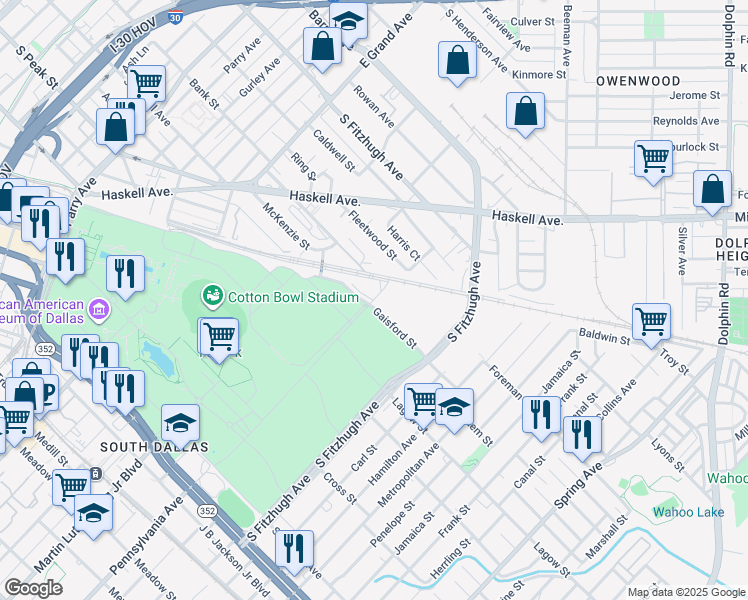 map of restaurants, bars, coffee shops, grocery stores, and more near 7301 Pennsylvania Avenue in Dallas