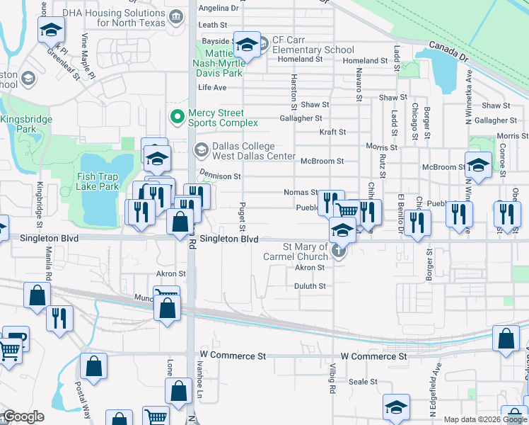 map of restaurants, bars, coffee shops, grocery stores, and more near 1939 Toronto Street in Dallas
