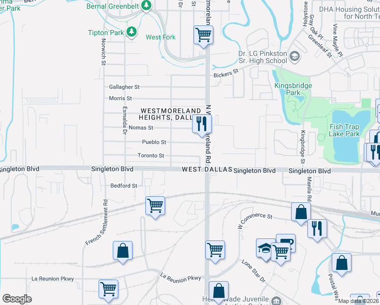 map of restaurants, bars, coffee shops, grocery stores, and more near 3418 Toronto Street in Dallas