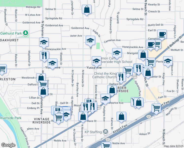 map of restaurants, bars, coffee shops, grocery stores, and more near in Fort Worth