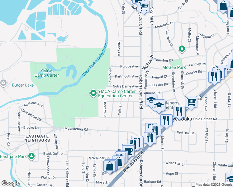 map of restaurants, bars, coffee shops, grocery stores, and more near 1205 Yale Street in River Oaks
