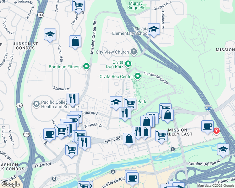 map of restaurants, bars, coffee shops, grocery stores, and more near 8381 Distinctive Drive in San Diego