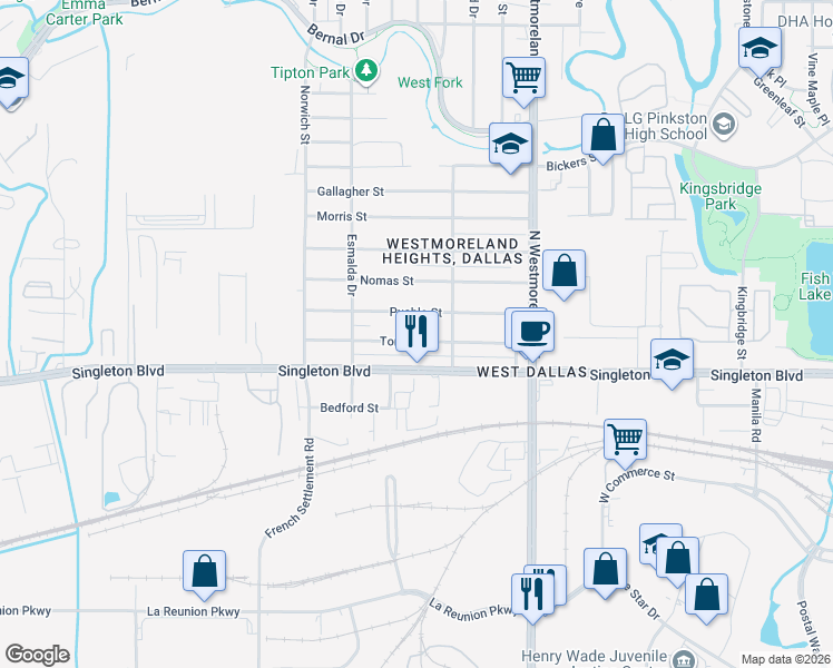 map of restaurants, bars, coffee shops, grocery stores, and more near 3552 Toronto Street in Dallas