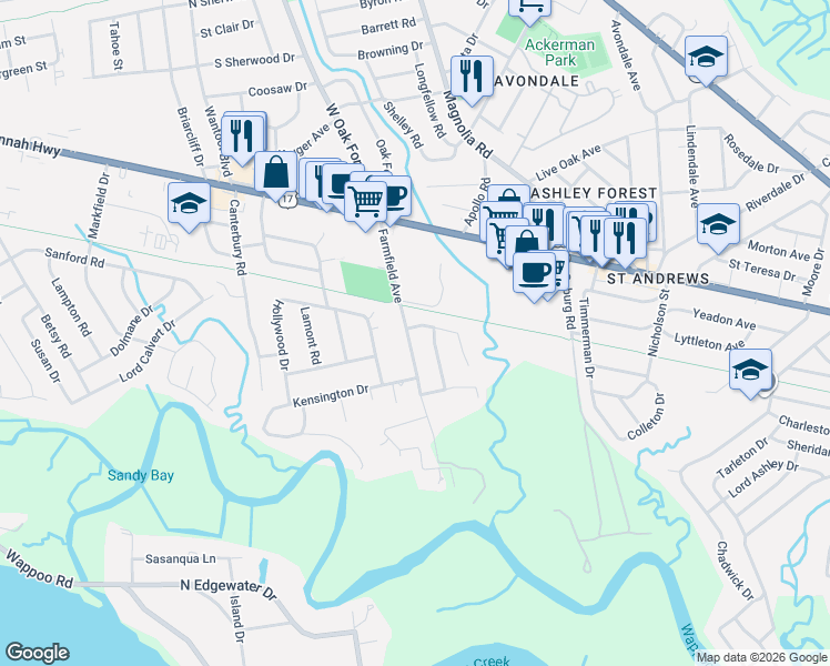 map of restaurants, bars, coffee shops, grocery stores, and more near 31 Farmfield Avenue in Charleston