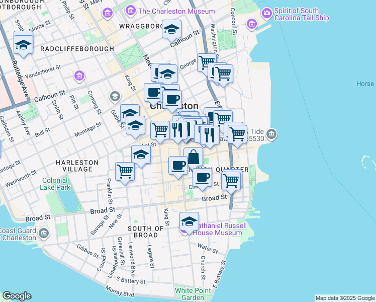 map of restaurants, bars, coffee shops, grocery stores, and more near 174 Meeting Street in Charleston