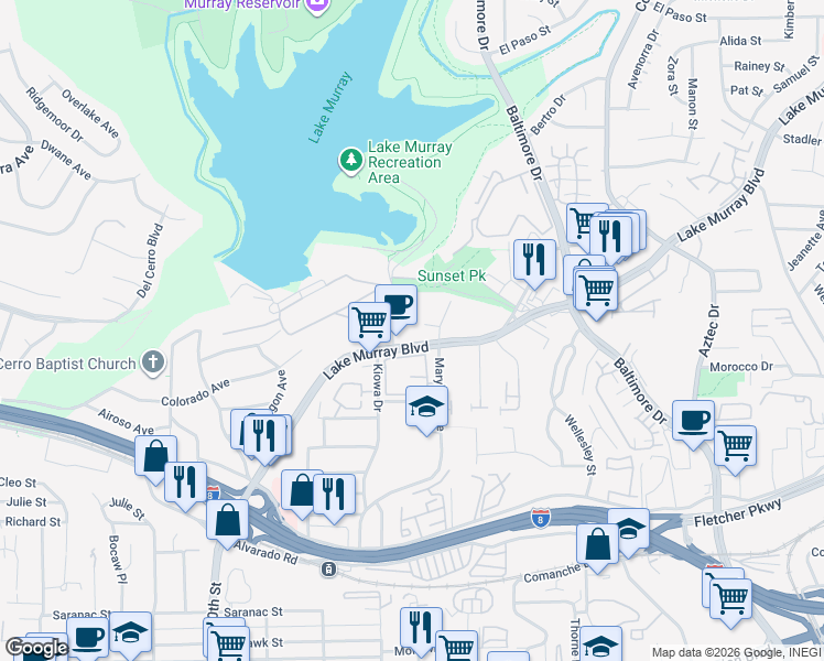 map of restaurants, bars, coffee shops, grocery stores, and more near 5426 Lake Murray Boulevard in La Mesa