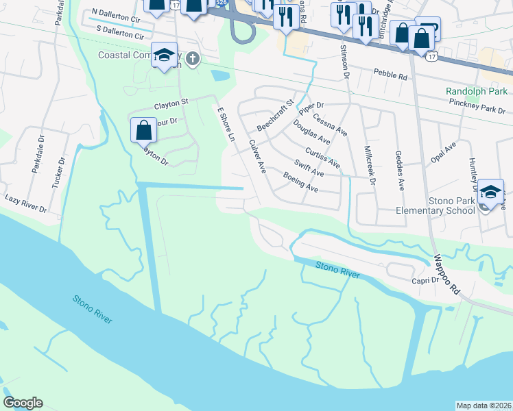 map of restaurants, bars, coffee shops, grocery stores, and more near 269 East Shore Lane in Charleston