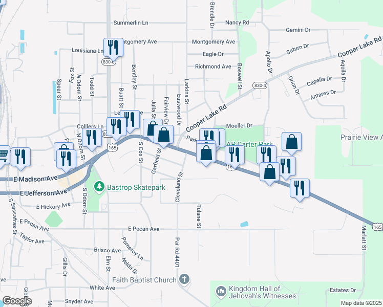map of restaurants, bars, coffee shops, grocery stores, and more near 1610 East Madison Avenue in Bastrop
