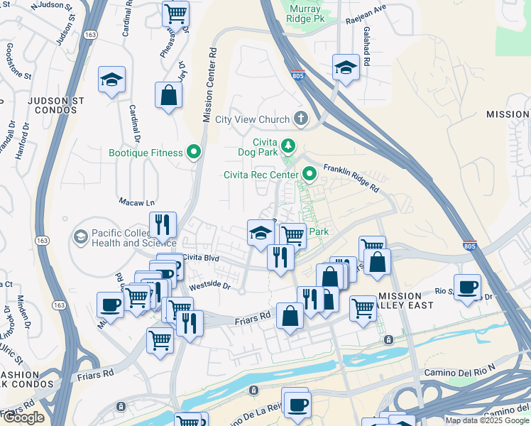 map of restaurants, bars, coffee shops, grocery stores, and more near 8363 Distinctive Drive in San Diego