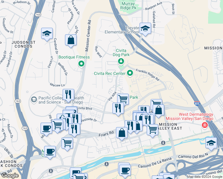 map of restaurants, bars, coffee shops, grocery stores, and more near 8363 Distinctive Drive in San Diego