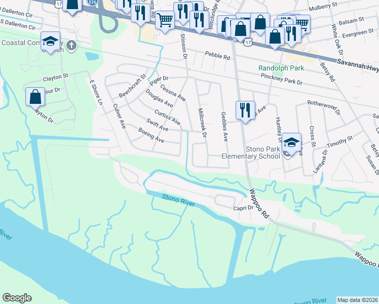 map of restaurants, bars, coffee shops, grocery stores, and more near 1935 Culver Avenue in Charleston