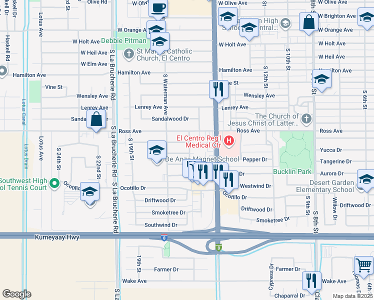 map of restaurants, bars, coffee shops, grocery stores, and more near Cottonwood Drive in El Centro