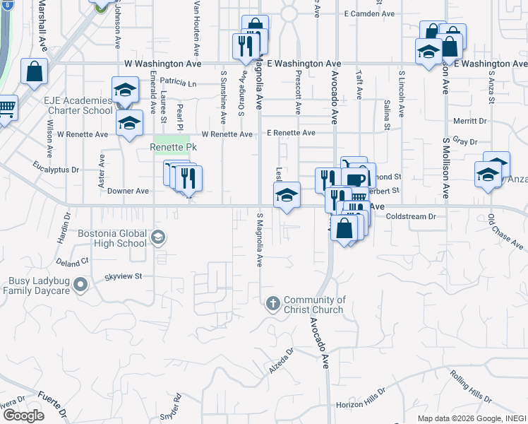 map of restaurants, bars, coffee shops, grocery stores, and more near 1130 South Magnolia Avenue in El Cajon