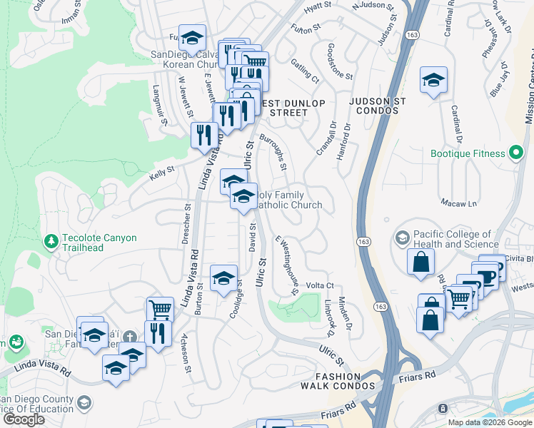 map of restaurants, bars, coffee shops, grocery stores, and more near 1917 Westinghouse Street in San Diego