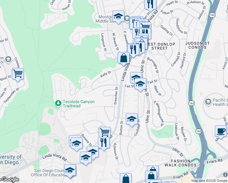 map of restaurants, bars, coffee shops, grocery stores, and more near 6749 South Elman Street in San Diego