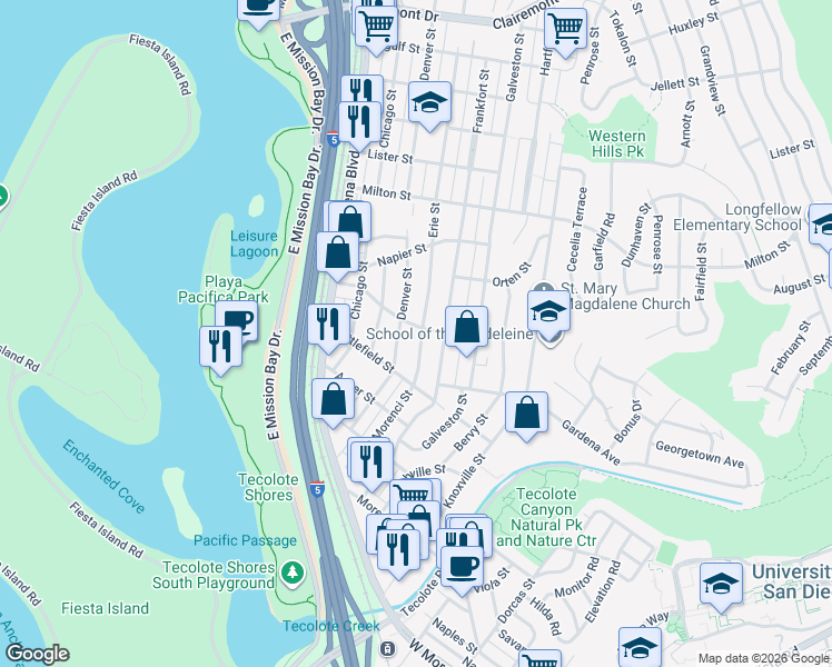 map of restaurants, bars, coffee shops, grocery stores, and more near 1854 Erie Street in San Diego