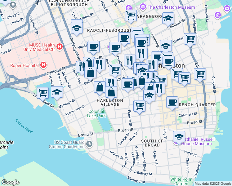 map of restaurants, bars, coffee shops, grocery stores, and more near 94 Beaufain Street in Charleston