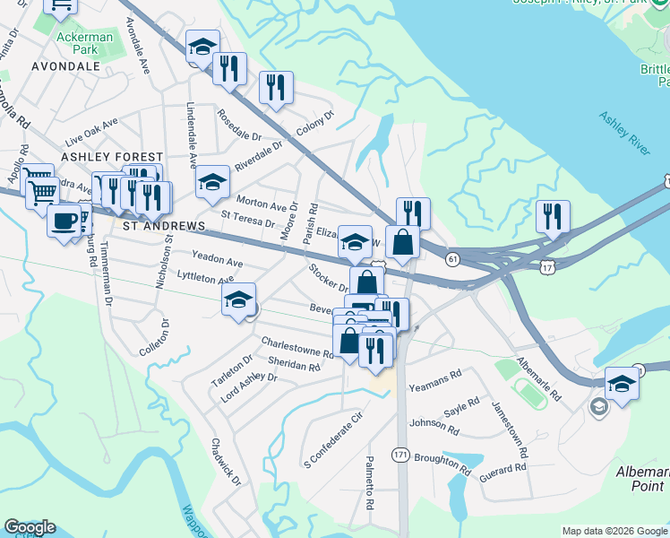 map of restaurants, bars, coffee shops, grocery stores, and more near 34 Stocker Drive in Charleston