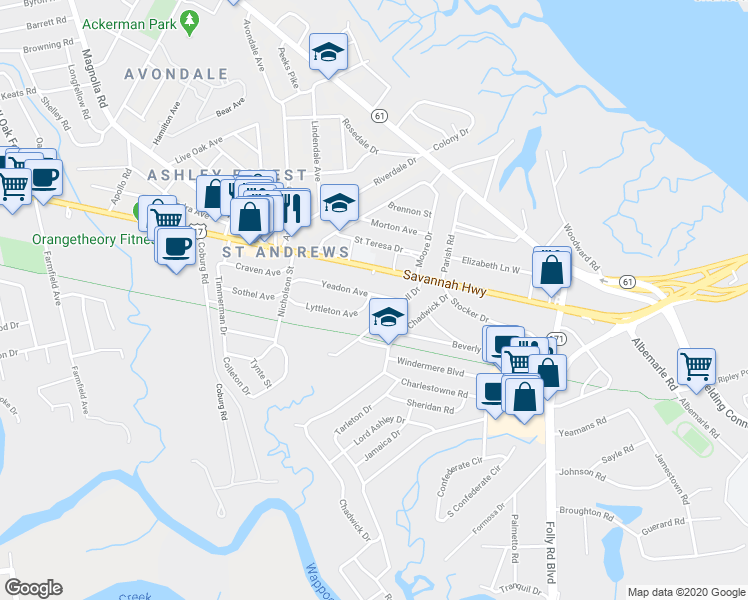 map of restaurants, bars, coffee shops, grocery stores, and more near 31 Campbell Drive in Charleston
