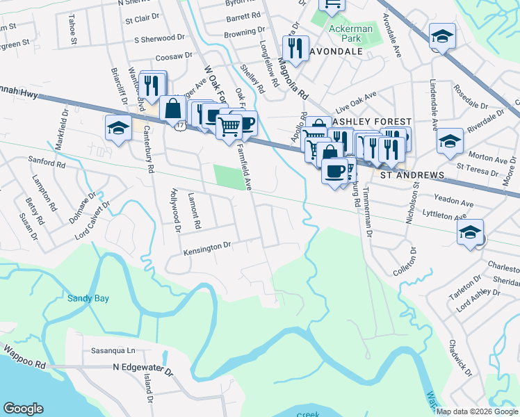 map of restaurants, bars, coffee shops, grocery stores, and more near 31 Farmfield Avenue in Charleston