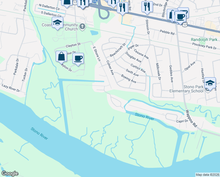 map of restaurants, bars, coffee shops, grocery stores, and more near 201 River Breeze Drive in Charleston